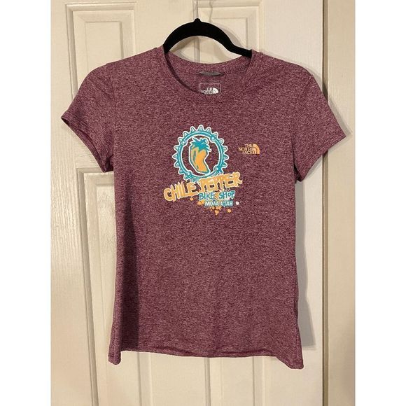 The North Face Heather Maroon Chile Pepper Bike Shop Utah T-Shirt Size Small - Picture 1 of 4